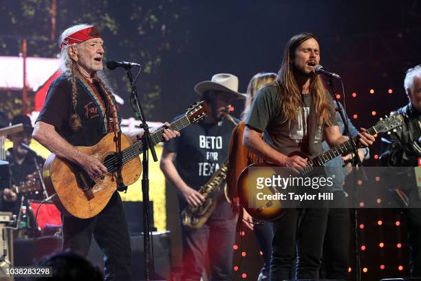 Willie Nelson and Lukas Nelson perform during Farm Aid 2018 at Xfinity Theatre on September 22, 2018 in Hartford, Connecticut.