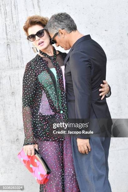 Antonia Dell'Atte and Fiorello arrive at the Giorgio Armani show during Milan Fashion Week Spring/Summer 2019 on September 23, 2018 in Milan, Italy.