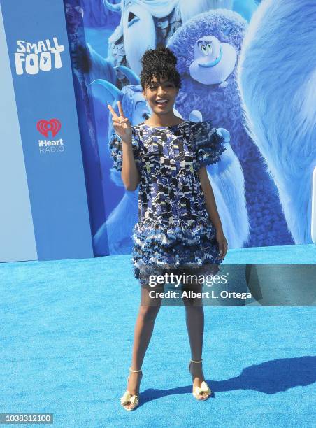 Actress Yara Shahidi arrives for the Premiere Of Warner Bros. Pictures' "Smallfoot" held at Regency Village Theatre on September 22, 2018 in...