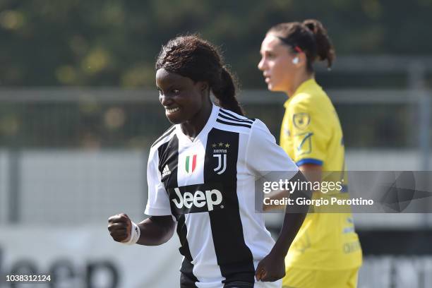 Eniola Aluko of Juventus celebrates after scoring the 3-0 goal during the Women's Serie A match between Juventus and Fimauto Valpolicella at Juventus...