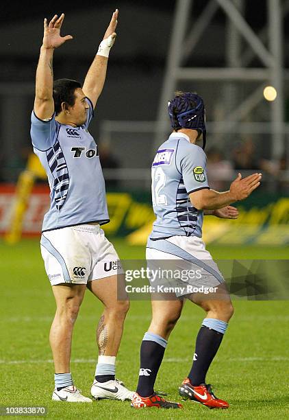 Rene Ranger and Aaron Bancroft of Northland celebrate a win over Southland in the round six ITM Cup match between Northland and Southland at Toll...