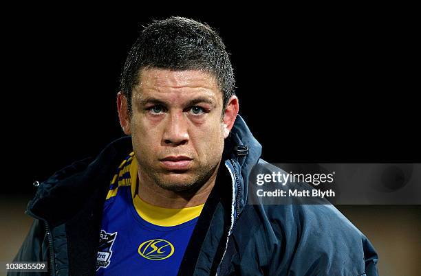 Nathan Cayless of the Eels looks on from the players bench during the round 26 NRL match between the Parramatta Eels and the Warriors at Parramatta...