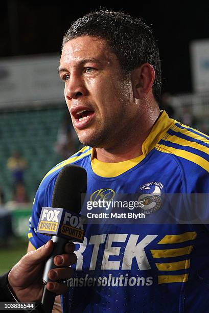 Nathan Cayless of the Eels talks to the media after playing his final game after round 26 NRL match between the Parramatta Eels and the Warriors at...
