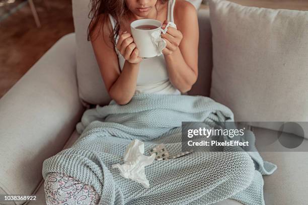 fever and virus - caucasian woman sick in bed coughing stock pictures, royalty-free photos & images