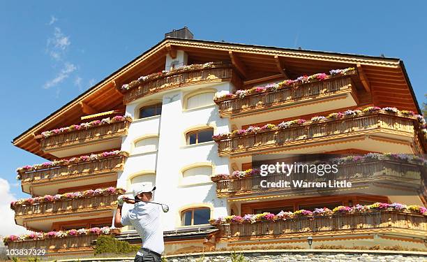 Matteo Manassero of Italy tees off on the seventh hole during the third round of The Omega European Masters at Crans-Sur-Sierre Golf Club on...