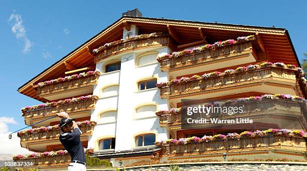 Edoardo Molinari of Italy tees off on the seventh hole during the third round of The Omega European Masters at Crans-Sur-Sierre Golf Club on...