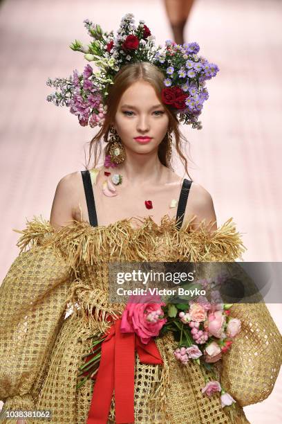 Milena Ioanna walks the runway at the Dolce & Gabbana show during Milan Fashion Week Spring/Summer 2019 on September 23, 2018 in Milan, Italy.