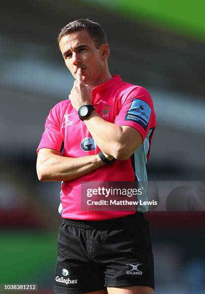 Luke Rees Referee Referee Luke Pearce consults the big screen, on a try decision during ...