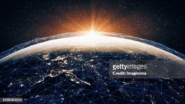 global communication network (world map credits to nasa) - comunicazione globale foto e immagini stock