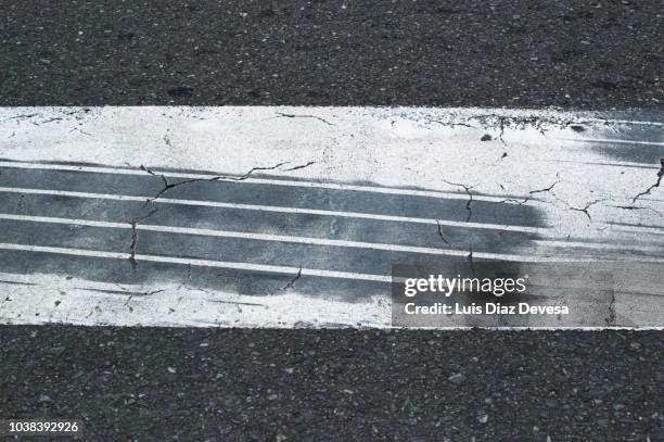 tire tracks in zebra crossing - autoreifen natur stock-fotos und bilder