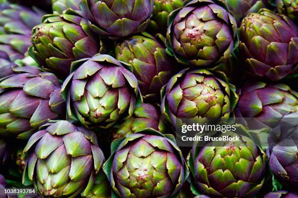 cornice piena di carciofi viola italiani - artichoke foto e immagini stock