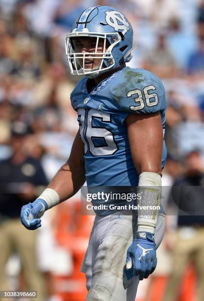 Cole Holcomb of the North Carolina Tar Heels against the Pittsburgh Panthers during their game at Kenan Stadium on September 22, 2018 in Chapel Hill,...