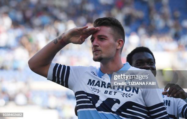 Lazio's Serbian midfielder Sergej Milinkovic-Savic celebrates after scoring a goal during the Italian Serie A football match between SS Lazio and...