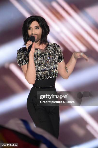 Austrian singer Conchita Wurst performs during the opening of the Grand Final of the 60th Eurovision Song Contest 2015 in Vienna, Austria, 23 May...