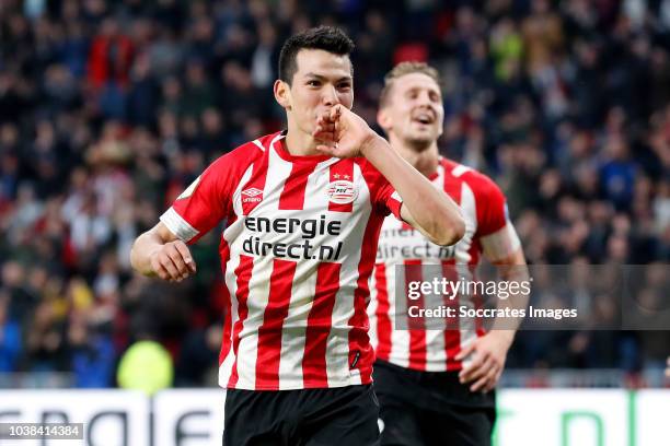 Hirving Lozano of PSV celebrates 3-0 during the Dutch Eredivisie match between PSV v Ajax at the Philips Stadium on September 23, 2018 in Eindhoven...