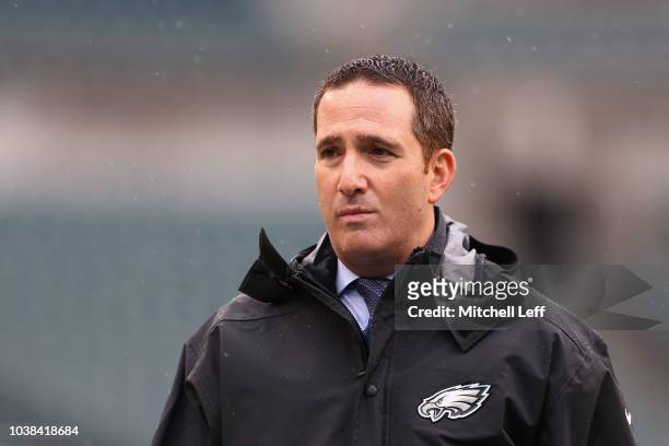 Howie Roseman, General Manager of the Philadelphia Eagles looks on before the game against the Indianapolis Colts at Lincoln Financial Field on...