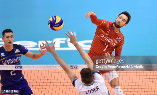 Kevin Tillie of France spikes during FIVB World Championships match between France and Argentina on September 23, 2018 in Varna, Bulgaria.
