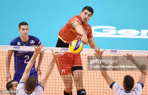 Nicolas Le Goff of France spikes during FIVB World Championships match between France and Argentina on September 23, 2018 in Varna, Bulgaria.