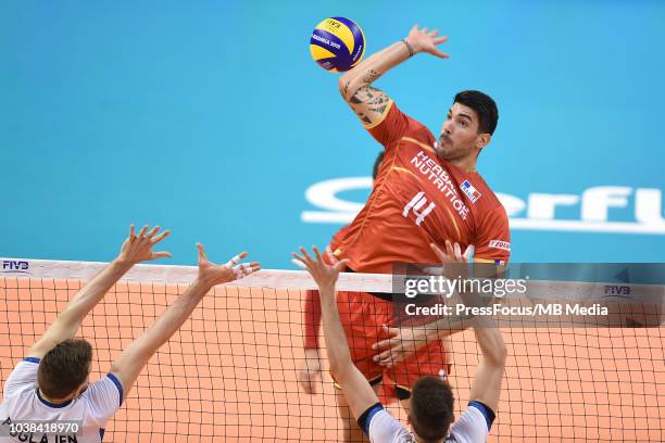 Nicolas Le Goff of France spikes during FIVB World Championships match between France and Argentina on September 23, 2018 in Varna, Bulgaria.