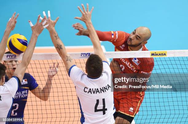 Earvin Ngapeth of France spikes during FIVB World Championships match between France and Argentina on September 23, 2018 in Varna, Bulgaria.