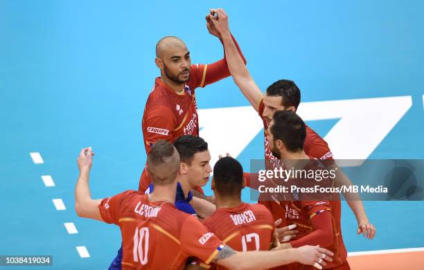 Earvin Ngapeth and Benjamin Toniutti of France celebrate after a point during FIVB World Championships match between France and Argentina on...