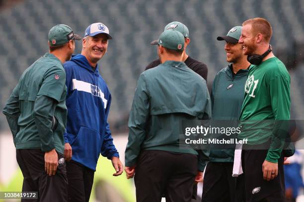 Offensive Coordinator Mike Groh of the Philadelphia Eagles, head coach Frank Reich of the Indianapolis Colts, quarterback Carson Wentz, quarterback...