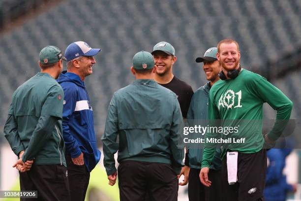 Offensive Coordinator Mike Groh of the Philadelphia Eagles, head coach Frank Reich of the Indianapolis Colts, quarterback Nate Sudfeld, quarterback...