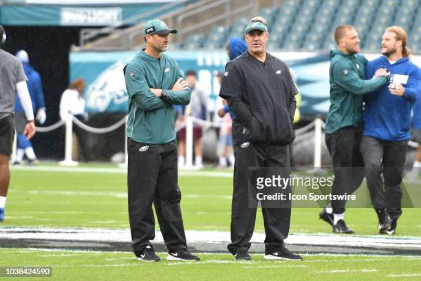 Philadelphia Eagles head coach Doug Pederson and offensive coordinator Mike Groh look on during the game between the Indianapolis Colts and the...