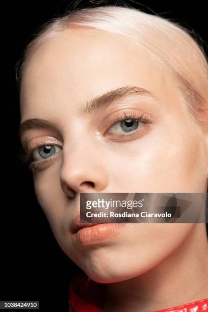 Model is seen backstage ahead of the Fila show during Milan Fashion Week Spring/Summer 2019 on September 23, 2018 in Milan, Italy.
