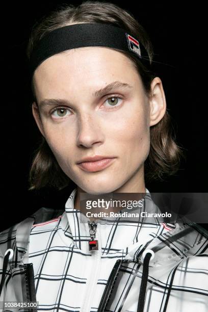 Model Giedre Dukauskaite is seen backstage ahead of the Fila show during Milan Fashion Week Spring/Summer 2019 on September 23, 2018 in Milan, Italy.