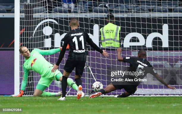 Gelson Fernandes of Eintracht Frankfurt scores his team's first goal during the Bundesliga match between Eintracht Frankfurt and RB Leipzig at...
