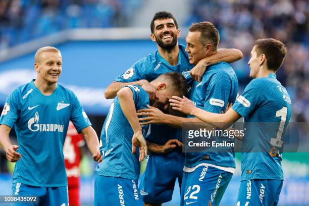 Igor Smolnikov, Oleg Shatov, Luis Neto, Artem Dzyuba and Daler Kuzyaev of FC Zenit Saint Petersburg celebrate a goal during the Russian Premier...