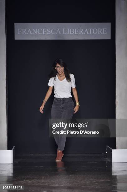Designer Francesca Liberatore on the runway at the Francesca Liberatore show during Milan Fashion Week Spring/Summer 2019 on September 23, 2018 in...