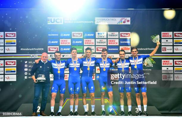 Podium / Kasper Asgreen of Denmark / Laurens De Plus of Belgium / Bob Jungels of Luxembourg / Yves Lampaert of Belgium / Maximilian Schachmann of...