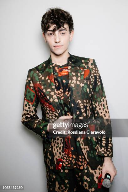 Italian singer Michele Bravi is seen backstage ahead of the Les Copains show during Milan Fashion Week Spring/Summer 2019 on September 22, 2018 in...