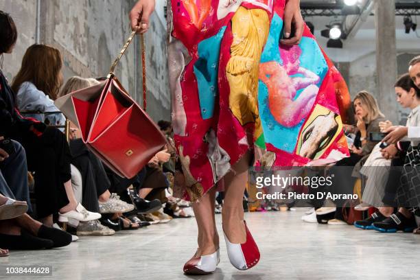 Model, shoes detail, walks the runway at the Marni show during Milan Fashion Week Spring/Summer 2019 on September 23, 2018 in Milan, Italy.