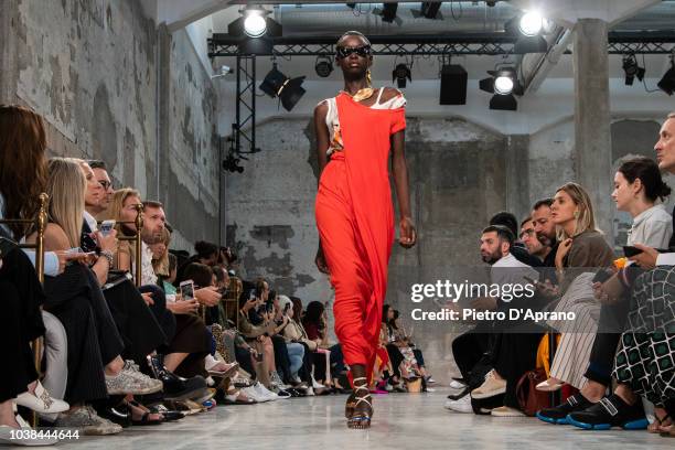 Model Subah Koj walks the runway at the Marni show during Milan Fashion Week Spring/Summer 2019 on September 23, 2018 in Milan, Italy.
