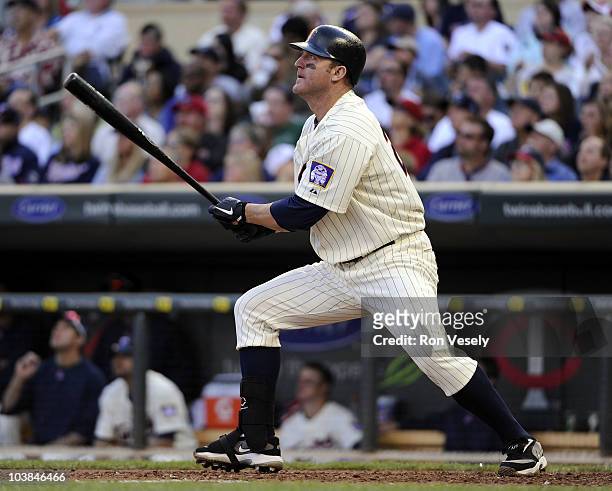 Jim Thome of the Minnesota Twins hits his second home run of the game in the fourth inning against the Texas Rangers on September 4, 2010 at Target...