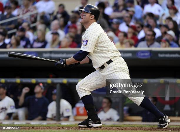 Jim Thome of the Minnesota Twins hits his second home run of the game in the fourth inning against the Texas Rangers on September 4, 2010 at Target...