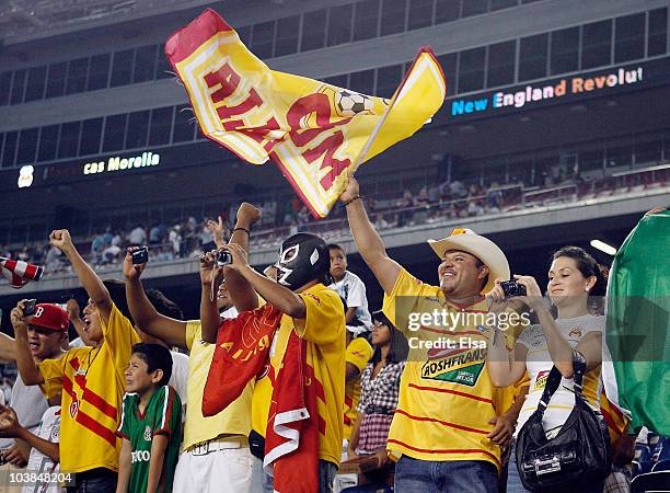 Fans cheer after Monarcas Morelia defeated the New England Revolution 2-1 to win the SuperLiga 2010 title on September 1, 2010 at Gillette Stadium in...