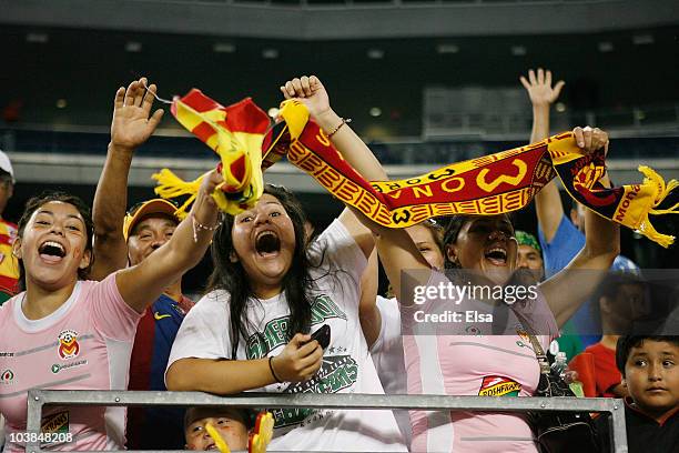 Fans cheer after Monarcas Morelia defeated the New England Revolution 2-1 to win the SuperLiga 2010 title on September 1, 2010 at Gillette Stadium in...