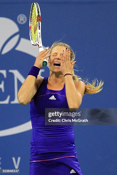 Maria Kirilenko of Russia reacts after a point against Svetlana Kuznetsova of Russia during her women's singles match on day six of the 2010 U.S....