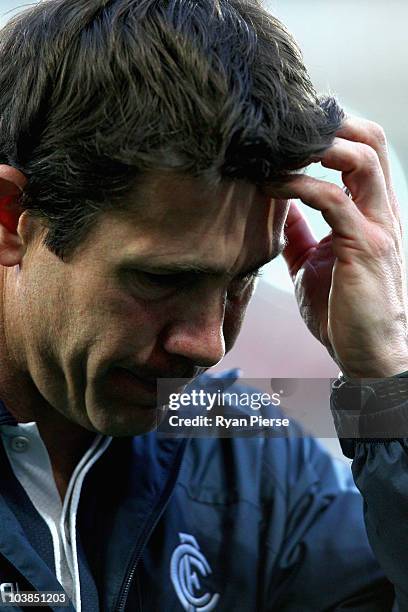 Brett Ratten, coach of Blues, looks dejected after the AFL First Elimination Final match between the Sydney Swans and the Carlton Blues at ANZ...