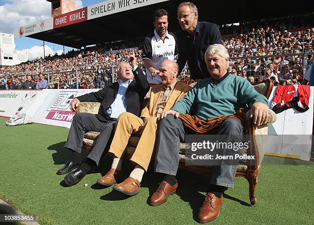 Uwe Seeler, Lothar Matthaeus, Horst Eckel, Reinhold Beckmann and Max Lorenz are pictured prior to the Day of Legends match between team Germany and...