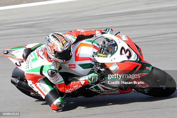 Max Biaggi of Italy and Aprilia Alitalia Racing rounds the bend during second race of the FIM Superbike World Championship at Nuerburgring on...