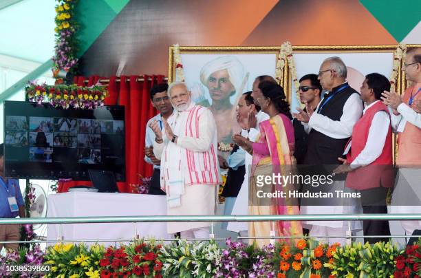 Prime Minister Narendra Modi launches a programme during the launches Ayushman Bharat-National Health Protection Scheme, at Prabhat Tara Ground, at...