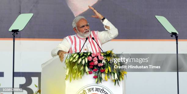 Prime Minister Narendra Modi addresses the gathering as he launches Ayushman Bharat-National Health Protection Scheme, at Prabhat Tara Ground, at...