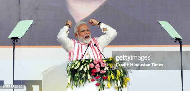 Prime Minister Narendra Modi addresses the gathering as he launches Ayushman Bharat-National Health Protection Scheme, at Prabhat Tara Ground, at...