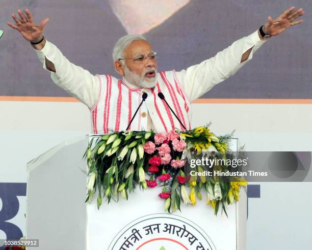 Prime Minister Narendra Modi addresses the gathering as he launches Ayushman Bharat-National Health Protection Scheme, at Prabhat Tara Ground, at...