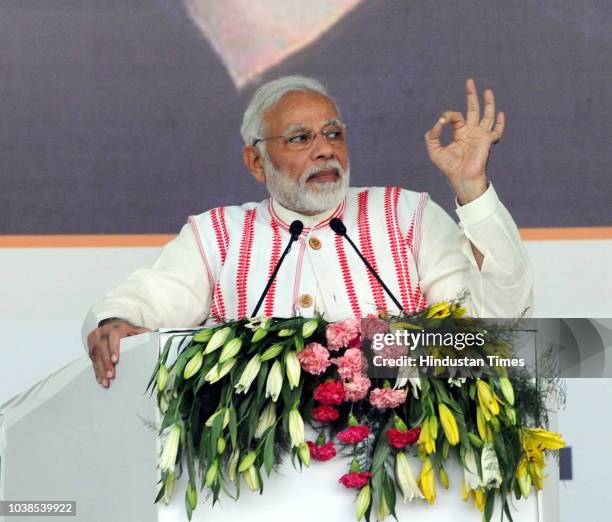 Prime Minister Narendra Modi addresses the gathering as he launches Ayushman Bharat-National Health Protection Scheme, at Prabhat Tara Ground, at...